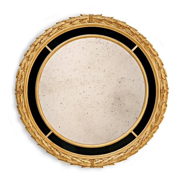 Round mirror frame with laurel leaves and black glass passepartout