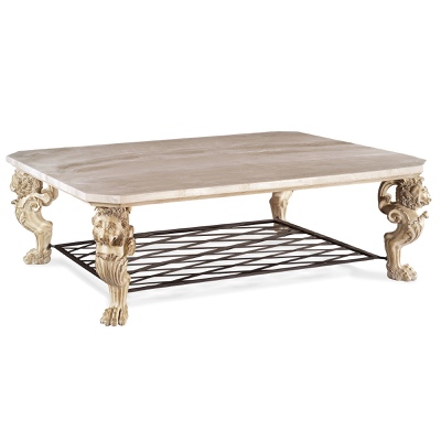 Coffee table with lions and wrought iron bottom - reproduction from original marble sculpture